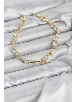 Pirinç Gold Renk Zirkon Taşlı Çiçek Model Kadın Bileklik