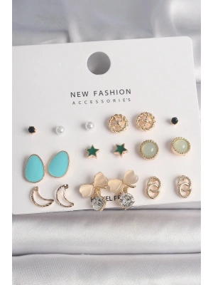 ® Pirinç Gold Renk Zirkon Taşlı Fiyonk Hilal Figür 9 Çift Kadın Küpe Seti