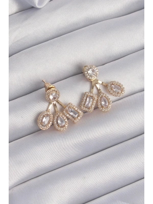 ® Pirinç Gold Renk Zirkon Taşlı Geometrik Model Küpe