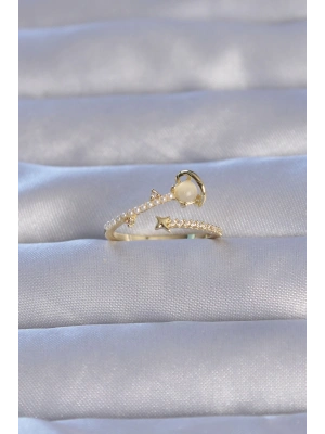 ® Pirinç Gold Renk Zirkon Taşlı İncili Satürn Model Ayarlanabilir Yüzük