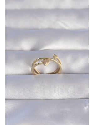 ® Pirinç Gold Renk Zirkon Taşlı Kalpli Model Ayarlanabilir Yüzük