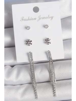 ® Pirinç Gold Renk Zirkon Taşlı Sallantılı Çiçek Detay 3 Çfit Kadın Küpe Seti