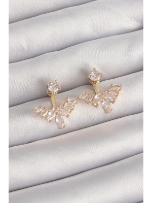 Pirinç Gold Renk Zirkon Taşlı V Model Küpe