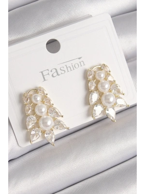 ® Pirinç Gold Renk Zirkon Taşlı Yaprak Model İnci Detay Kadın Küpe
