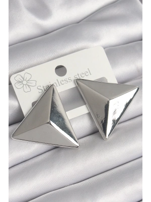Pirinç Gümüş Renk 3D Üçgen Model Kadın Küpe