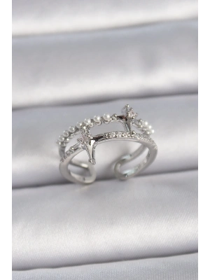 ® Pirinç Gümüş Renk Ayarlanabilir Zirkon Taşlı Kutup Yıldız İnci Detay Kadın Yüzük