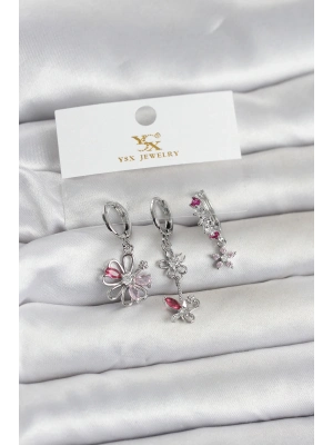 Pirinç Gümüş Renk Çiçek Model 3lü Kadın Küpe