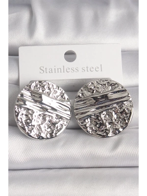 Pirinç Gümüş Renk İşlemeli Daire Plaka Model Kadın Küpe