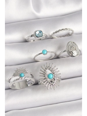 ® Pirinç Gümüş Renk Mavi Taşlı Kare Zirkon Taş Detaylı Kadın Yüzük Kombini