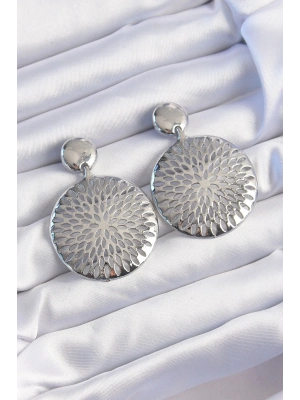 Pirinç Gümüş Renk Oval İşlemeli Küpe