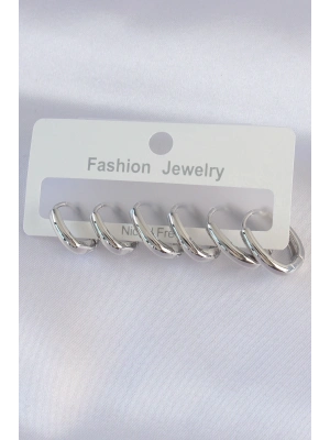Pirinç Gümüş Renk Oval Küpe Seti