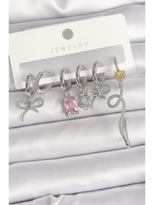 ® Pirinç Gümüş Renk Sallantı Kurdele Kuyruklu Yıldız Figür Pembe Kare Zirkon Taş Detay Kadın Küpe Seti