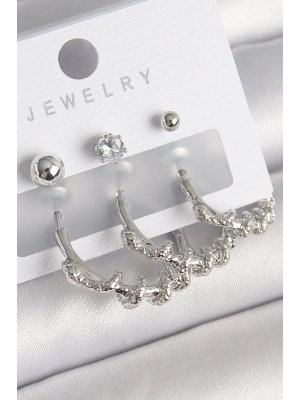 ® Pirinç Gümüş Renk Sarmal Yılan Halka Model Zirkon Taşlı Topçuk Detay Kadın Küpe Seti