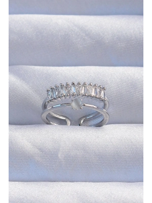 ® Pirinç Gümüş Renk Sedefli Zirkon Taşlı Su Yolu Model 2li Görünüm Ayarlanabilir Yüzük