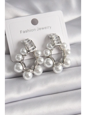 ® Pirinç Gümüş Renk Su Yolu Zirkon Taşlı İncili Halka Model Kadın Küpe