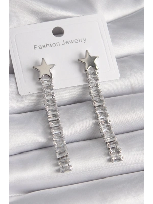 ® Pirinç Gümüş Renk Yıldız Model Su Yolu Zirkon Taş Kadın Küpe