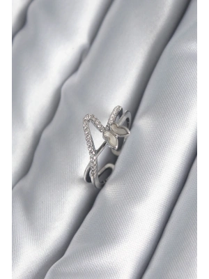 ® Pirinç Gümüş Renk Zirkon Taş Detay Kelebek Model Kadın Yüzük