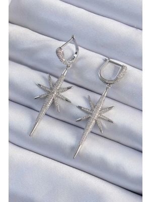 ® Pirinç Gümüş Renk Zirkon Taş Kaplama Kutup Yıldızı Tasarımlı Kadın Küpe