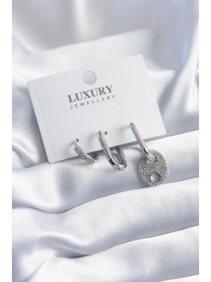 ® Pirinç Gümüş Renk Zirkon Taşlı 3lü Kadın Küpe Seti