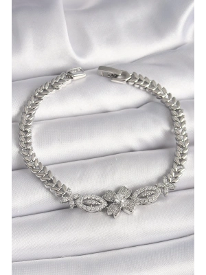 ® Pirinç Gümüş Renk Zirkon Taşlı Çiçek Figür Arpa Zincir Model Kadın Bileklik
