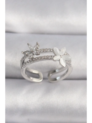 ® Pirinç Gümüş Renk Zirkon Taşlı Çiçek Model VIP Seri Kadın Yüzük