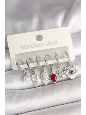 ® Pirinç Gümüş Renk Zirkon Taşlı Fatma Ana El Figür Kadın Küpe Seti