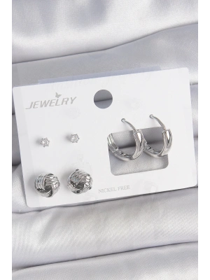 ® Pirinç Gümüş Renk Zirkon Taşlı Halka Model 3 Çift Kadın Küpe Seti