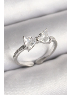 ® Pirinç Gümüş Renk Zirkon Taşlı Kalp Fiyonk Model Kadın Yüzük