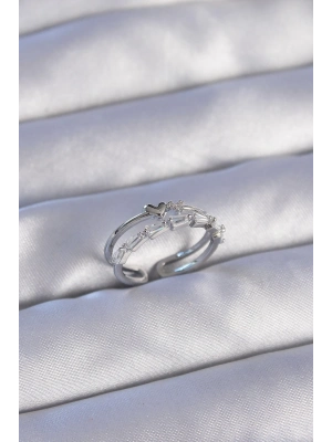 ® Pirinç Gümüş Renk Zirkon Taşlı Kalpli 2li Görünüm Ayarlanabilir Yüzük