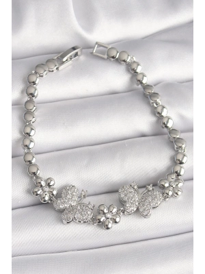 ® Pirinç Gümüş Renk Zirkon Taşlı Kelebek Figür Çiçek Zincir Model Kadın Bileklik