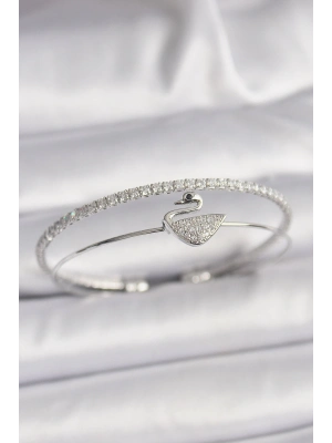 ® Pirinç Gümüş Renk Zirkon Taşlı Kuğu Model Kadın Bileklik