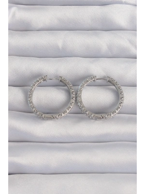 ® Pirinç Gümüş Renk Zirkon Taşlı Motifli Halka Küpe