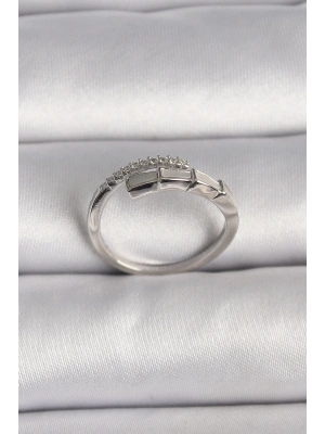 ® Pirinç Gümüş Renk Zirkon Taşlı Yılan Model Ayarlanabilir Yüzük