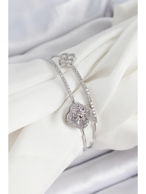 ® Pirinç Gümüş Renk Zirkon Taşlı Yonca Model 2li Kadın Bileklik