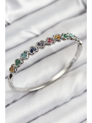 ® Pirinç Renkli Zirkon Taşlı Sıralı Kalp Model Gümüş Renk Kadın Kelepçe