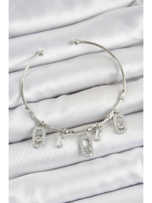 ® Pirinç Zirkon Taşlı Dikdörtgen Model Gümüş Renk Charm Bileklik