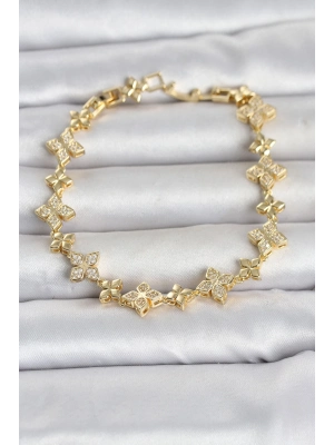 Pirinç Zirkon Taşlı Yonca Model Gold Renk Kadın Bileklik