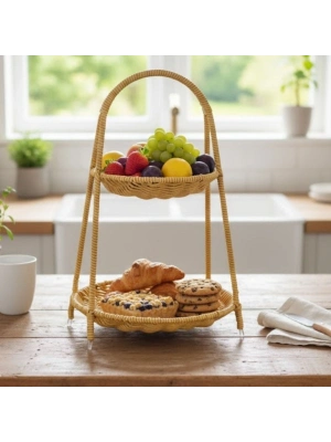 ®  Plastik Rattan İki Katlı Sunumluk–Dekoratif Organizer, Mutfak Meyve,Sebze Sepeti, Banyo Düzenleyici Raf,Masaüstü Çok Amaçlı Sunum Standı