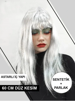 Platin Gri Gümüş Renk Uzun Parti Peruğu Uzun Takma Peruk
