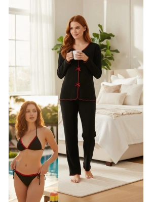 Premium Kadın 4’lü Fitilli Set – Siyah Kırmızı Biyeli (Pijama Üst, Pantolon, Bikini Takımı)