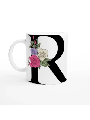 R Harfi Çiçek Süslemeli Harfli Kupa Bardak