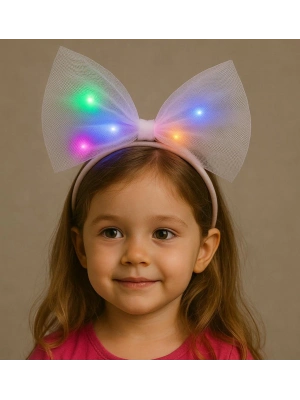 Rengarenk Led Işıklı Fiyonk Şekilli Tül Parti Tacı Beyaz Renk 25x25 Cm