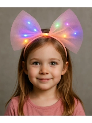 Rengarenk Led Işıklı Fiyonk Şekilli Tül Parti Tacı Pembe Renk 25x25 Cm