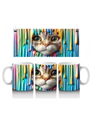 Renkli Arka Planda Büyük Gözlü Sevimli Kedi – Baskılı Kahve Kupası