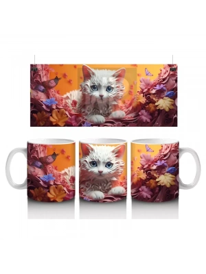 Renkli Arka Planda Tüylü Beyaz Kedi – Baskılı Kahve Kupası