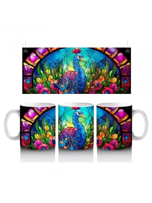 Renkli Cam Vitray Stilde Tavus Kuşu – Baskılı Kahve Kupası