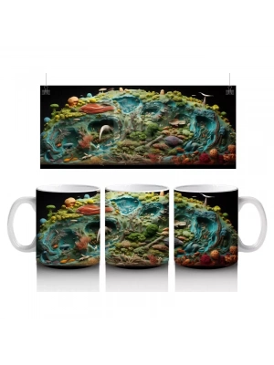 Renkli Canlılarla Dolu Fütüristik Doğa Manzarası - Baskılı kahve kupası