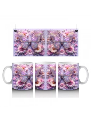 Renkli Çiçek Desenli Arka Planda Mor Kelebek Çifti - Baskılı kahve kupası