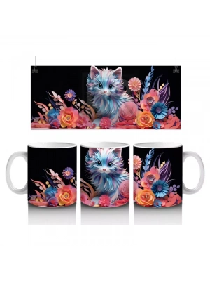 Renkli Çiçekler Arasında Büyüleyici Kedi – Baskılı Kahve Kupası