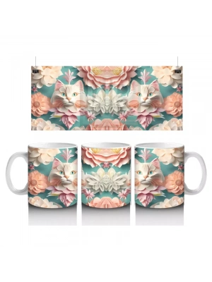 Renkli Çiçekler Arasında İkili Kedi Figürü – Baskılı Kupa